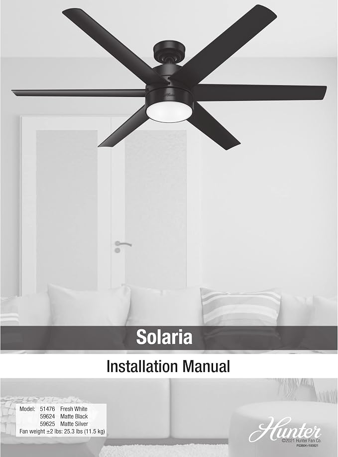 Hunter Solaria, Outdoor or Indoor, Ceiling Fan, 60 inch, Matte Silver | with LED Light, Standard Mount, Wall Control, Quiet, 6 Blades, For Patio, Porch, Garage, 59625
