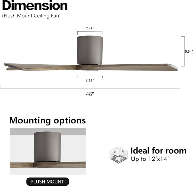 WINGBO 48 Inch Flush Mount DC Ceiling Fan without Lights, 5 Reversible Carved Wood Blades, 6-Speed Noiseless DC Motor, Hugger Ceiling Fan No Lights in Graphite Finish with Gray Blades, ETL Listed
