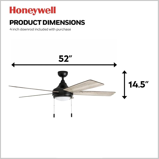 Honeywell Ceiling Fans Ventnor, 52 Inch Modern Farmhouse Indoor LED Ceiling Fan with Light, Pull Chain, Three Mounting Options, Dual Finish Blades, Reversible Motor - 50607-01 (Bronze)