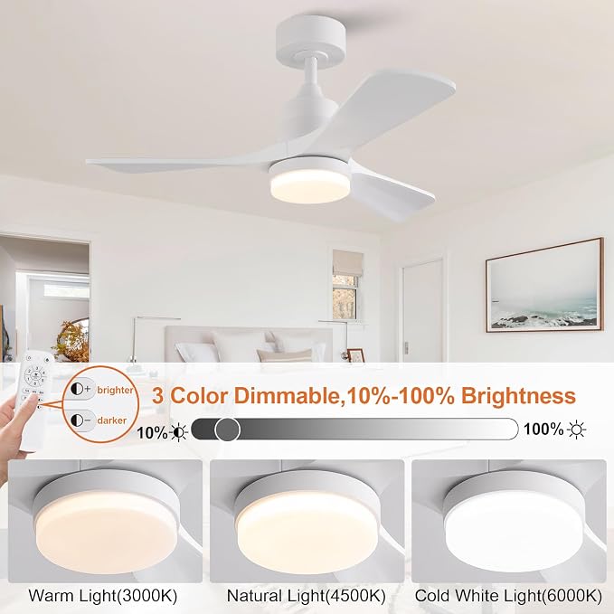 36 Inch Ceiling Fan with Light | 3 Blades, Solid Wood, Modern Indoor Outdoor, Dimmable LED, Remote Control