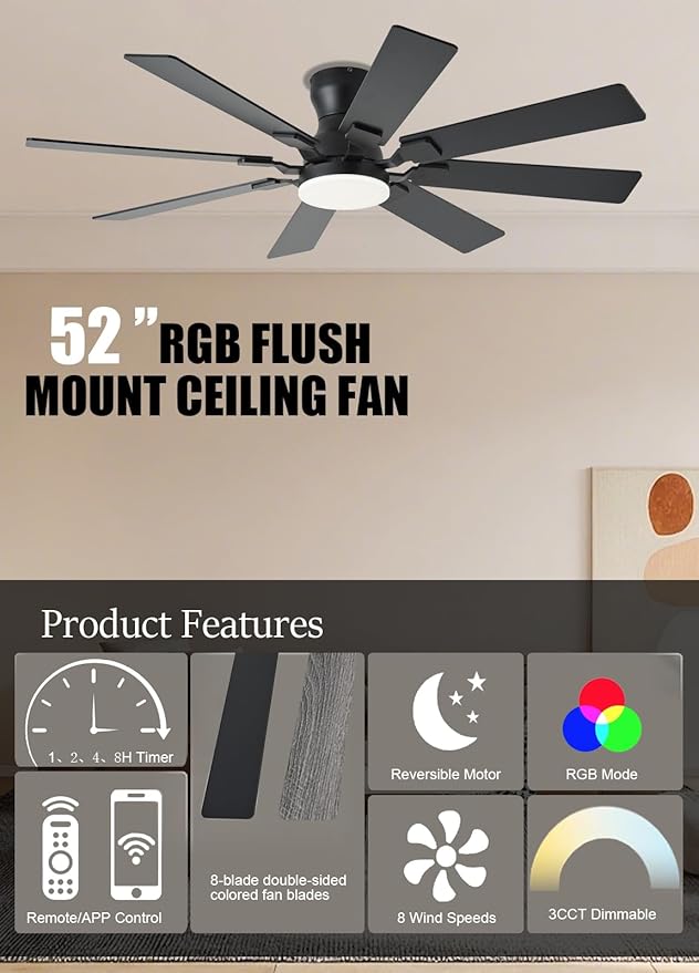 JSAITEE 52 inch Ceiling Fan with Light, 6 Speeds Reversible Low Profile Ceiling Fan with Light and Remote/APP Control, 3 Color Temp+Dimmable RGB, 8 Blades, Flush Mount Quiet Ceiling Fans, Black