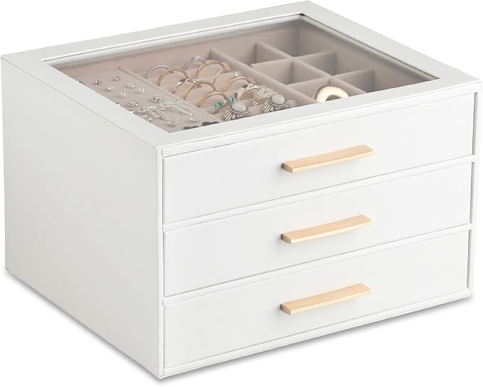 Frebeauty Jewelry Box for Women,Clear Lid Jewelry Organizer with 3 Drawers | Faux Leather,Velvet Lining,3 Layers,Jewelry Storage for Ring Earring Stud,Dustproof Design,Gift Choice,Golden Stylish Handle