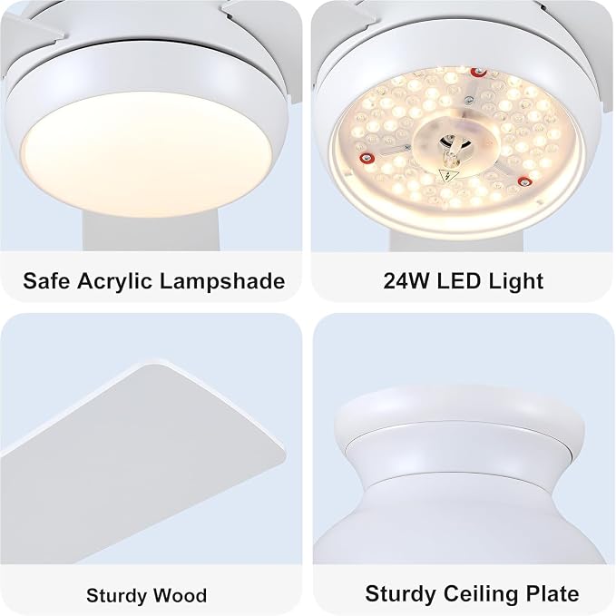 42 Inch Low Profile Ceiling Fan with Light Quiet for Bedroom,White | Flush Mount,Remote Control,Reversible DC Motor,Wood Blades,6 Speed,3CCT Dimmable for Bedroom,Living Room