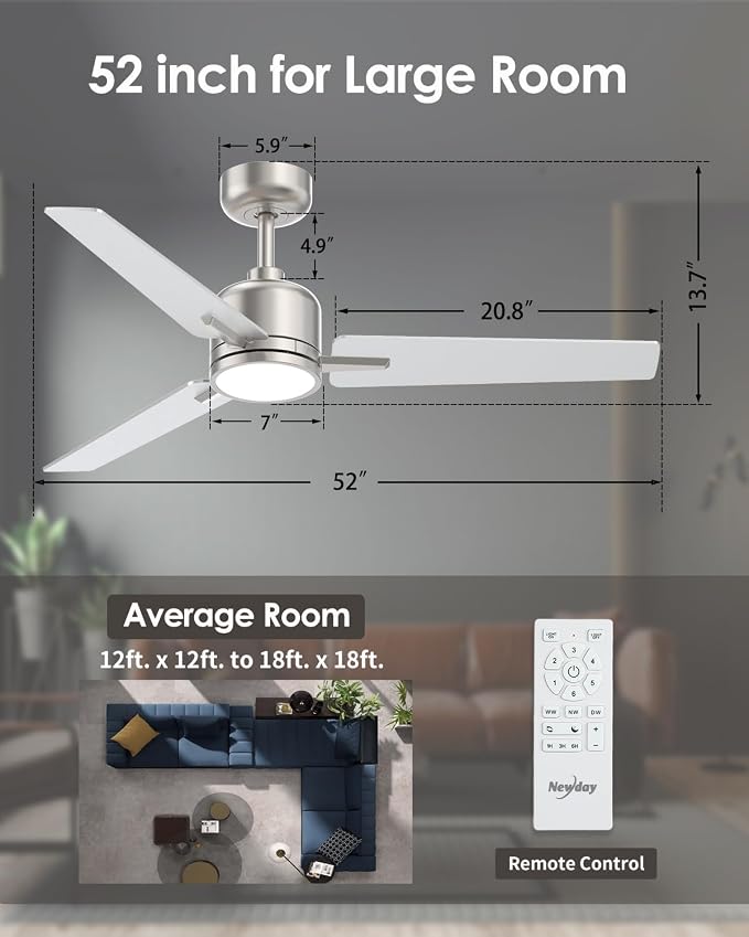 52 inch Ceiling Fans with Lights and Remote, Brushed Nickel Ceiling Fans Dimmable 3 Color Temperature, Timer, 3 Blades, 6 Speed Modern Fan Quiet Reversible DC Motor for Indoor or Covered Outdoor