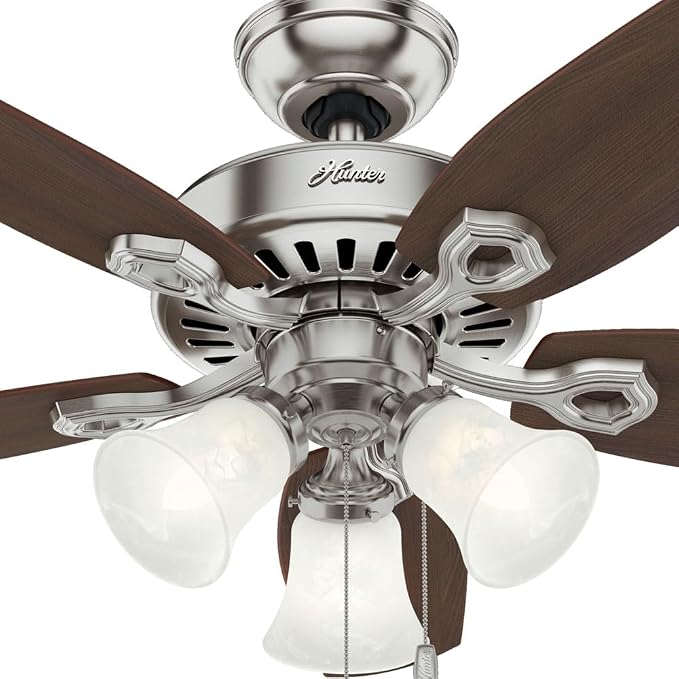 Hunter Builder, Indoor, Ceiling Fan, Pull Chain, 42 inch, Brushed Nickel | with LED Lights, Standard Mount, 5 Blades, For Bedroom, Living Room, Includes Bulbs, 52106