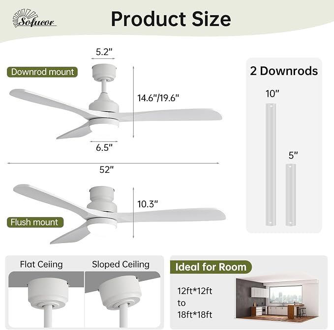 Sofucor 52" Solid Wood Ceiling Fan Lights, Flush Mount & Downrod Mount Ceiling Fan with Lights and Remote, Wood Blades Modern Outdoor Ceiling Fans for Bedroom/Farmhouse/Patio/Indoor