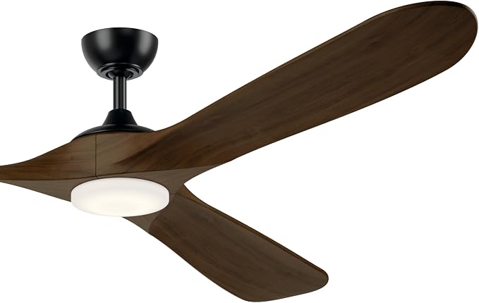 Kichler Mylo 80 in Ceiling Fan with Light, Modern 6-Speed Remote Control Damp Rated Indoor Outdoor Fan with Satin Etched Cased Opal Glass in Satin Black and Aged Walnut Wood Blades, 310580SBK