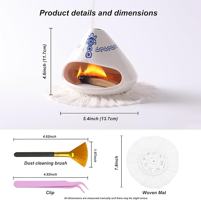 Ceramic Palo Santo Holder Burner,Incense Cone Holder,Mini Chiminea for Palo Santo Sticks and Sage Burner,with Handmade Heat Insulated Mat,Dust Brush,Metal Tweezer. (White and Blue)