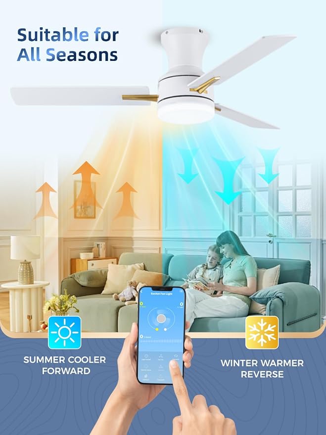 LANMEL 42 Inch Flush Mount Ceiling Fan with Light, App&Remote Control, Low Profile Modern Ceiling Fan, 6 Speed, Reversible, 3000k-6500k Dimmable LED, Quiet DC Motor for Indoor Outdoor, Gold White
