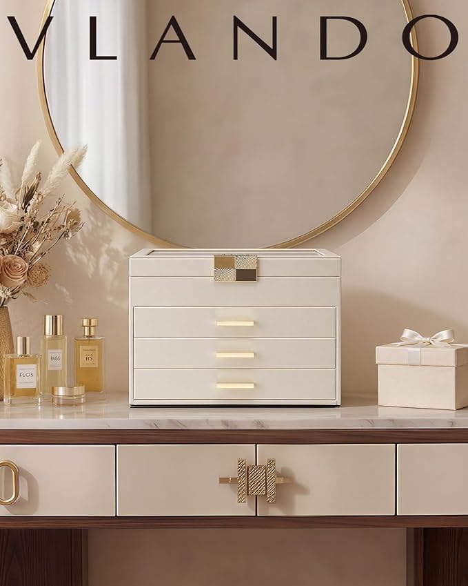 VLANDO Jewelry Box Organizer for Women, 4-Layer Jewelry Storage Case with Glass Lid, Gold Handle, 3 Drawers for Rings, Earrings, Necklaces and Bracelets - Cloud White