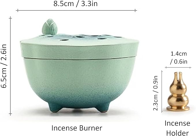 Zen Incense Burner with Lotus Lid Design (Lake Blue), Ceramic Incense Holder for Bakhoor, Stick, Powder, Cone, Coil, and Tower Incense, Home Fragrance Decor