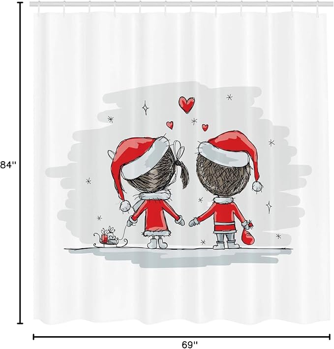 Ambesonne Christmas Shower Curtain, Soul Mates Love with Santa Costume Family Romance in Winter Night Picture Print, Cloth Fabric Bathroom Decor Set with Hooks, 69" W x 84" L, Red White