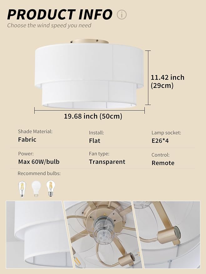 SYDACG Ceiling Fan with Lights Low Profile, 20" Flush Mount Boho Ceiling Fan with Light Remote Control, Bladeless Rattan 6 Speeds for Bedroom, Living Room, Nursery