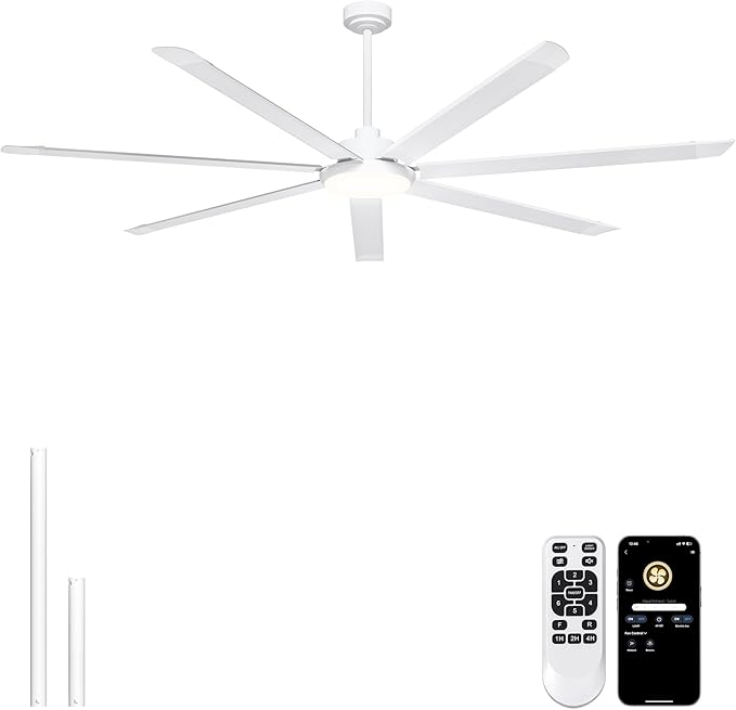 Ohniyou 84'' Industrial Ceiling Fan with Light for Shop, Garage, White | 11000 CFM Airflow, 7 Aluminum Blades, 3CCT, Remote/APP Control, 6 Speeds, Reverse Mode, Large Commercial Metal Fan for Gym