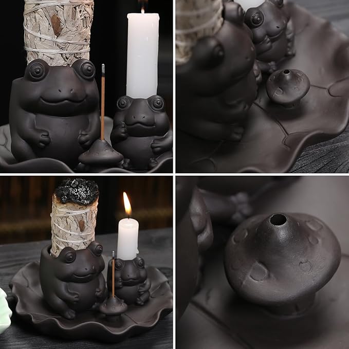 ChangWanna Multifunction 4 in 1 Frog Incense Holder, Palo Santo Holder, Sage Holder, Ceramic Incense Stick Holder for Burning - Cute Ash Catcher Tray for Yoga/Meditation/Home Room Office Decor, Black