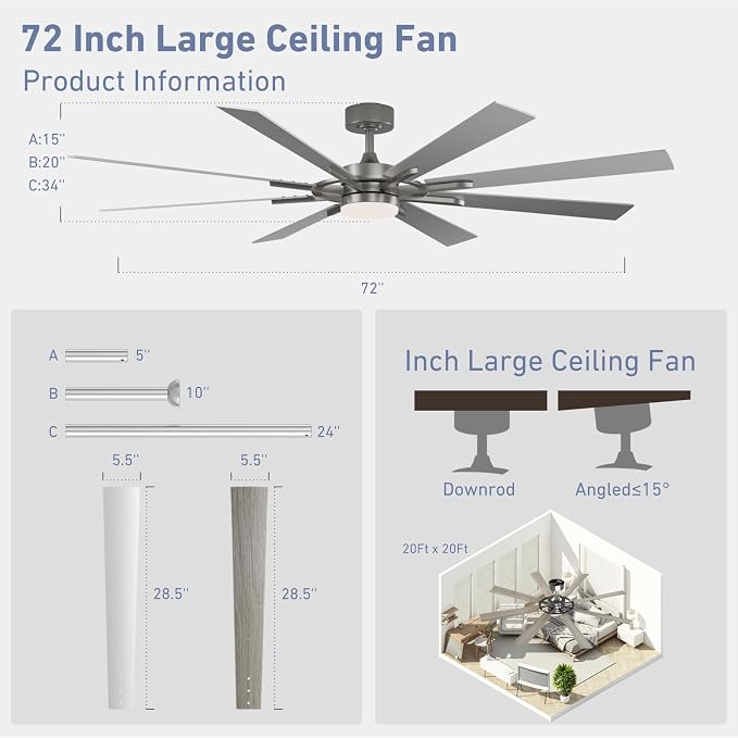 72 Inch Smart Ceiling Fan with Light and Remote, Silver Ceiling Fan with Quiet Reversible DC Motor, Compatible with Alexa/Google/APP, 3CCT Dimmable Large Indoor/Outdoor Ceiling Fans for Patio