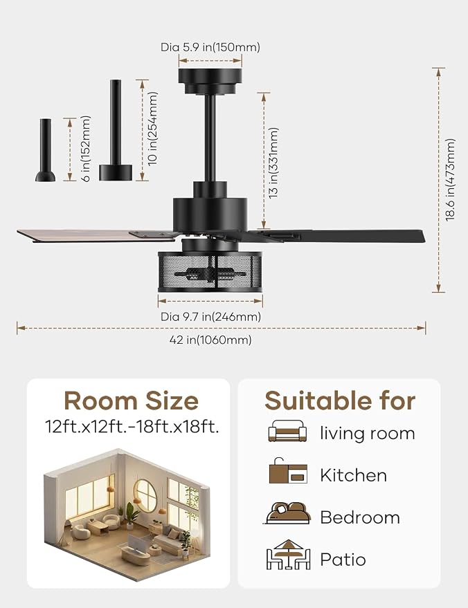 Farmhouse Ceiling Fans with Lights and Remote, 42 Inch Black Caged Ceiling Fan, Indoor/Outdoor Ceiling Fan with Dual-Color Blade Warm White Lighting for Bedroom, Patio, Kitchen, Living Room