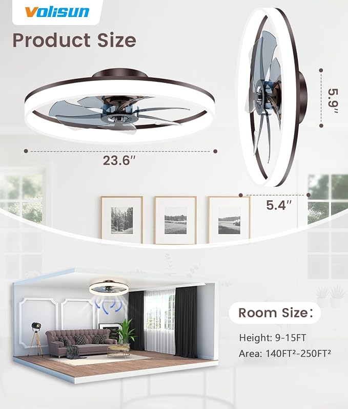 VOLISUN Low Profile Ceiling Fans with Lights and Remote, 24in Fandelier Ceiling Fan Flush Mount, 3000K-6500K Smart Bladeless LED Fan Light, Brown Modern Ceiling Fans with Lights for Bedroom