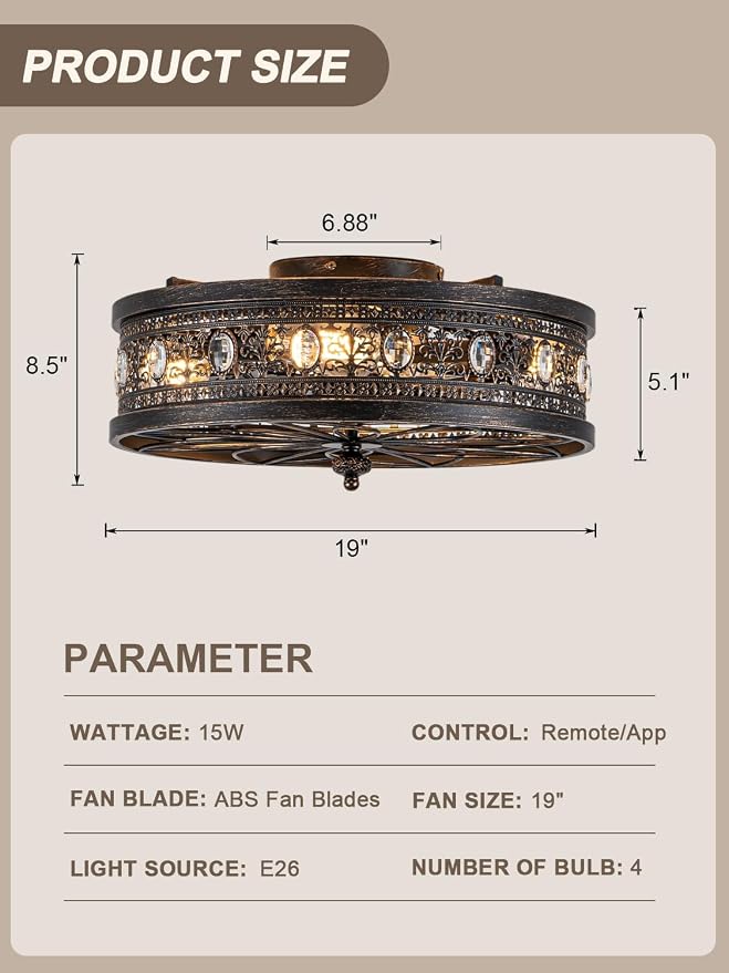 20 Inch Caged Flush Mount Ceiling Fans with Lights and Remote | Vintage Rustic Ceiling Fan with 6 Speeds Timing, Small Enclosed Bladeless Ceiling Fandelier for Bedroom, Kitchen, Foyer