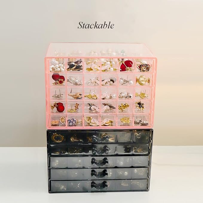 YUFONG Earring Storage Box Organizer, Acrylic Jewelry Storage Box Holder 5 Drawers Transparent Jewelry Display Stand with 120 Small Compartments Gift Boxes for Women Girls (Clear Black)