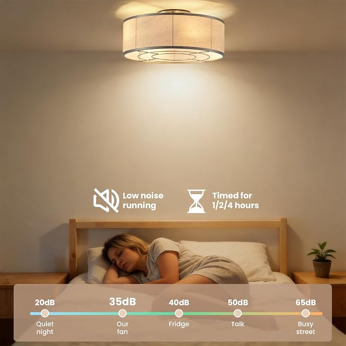 20 Inch Boho Ceiling Fan with Light, Low Profile Flush Mount Caged Ceiling Fan, Bladeless Silver Drum Chandelier with Remote, 6 Speed Reversible DC Motor for Bedroom Living Room, Nursery