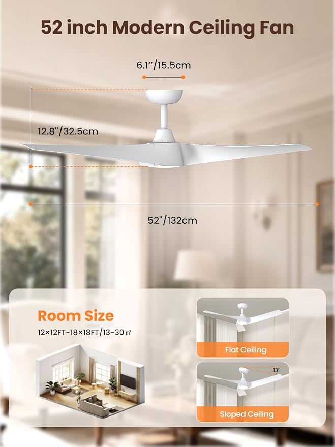 TALOYA 52 inch Modern Ceiling fan with Light, 3 Blades Ceiling Fans with Lights and remote, 3000K-6500K, Dimmable, Quiet, Outdoor Ceiling fan For Living Room, Bedroom, Patio, Farmhouse, White