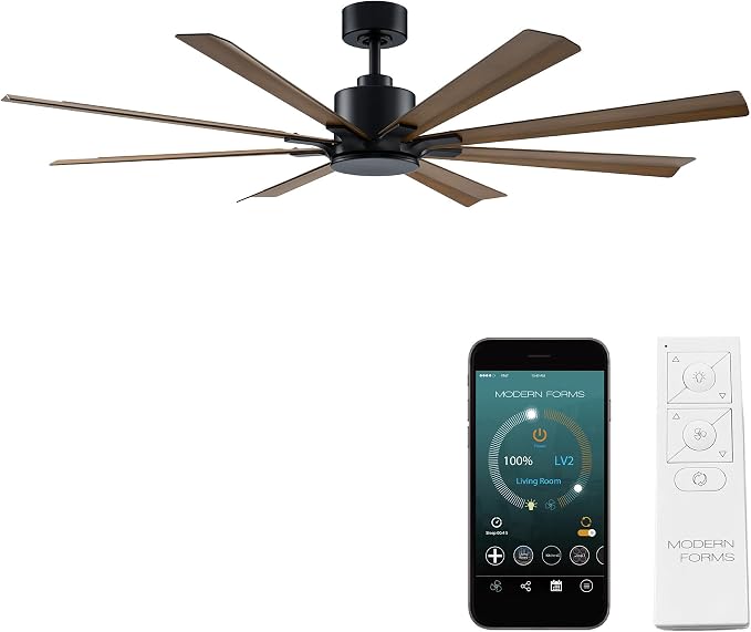 Modern Forms Size Matters Indoor and Outdoor 8-Blade 65in Smart Ceiling Fan in Matte Black/Distressed Koa with Remote Control