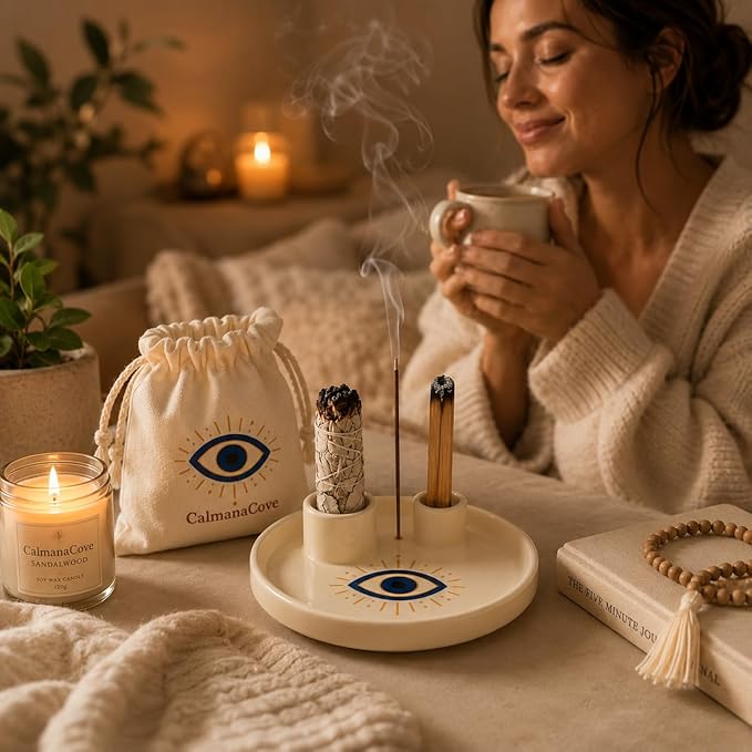 Incense & Palo Santo Holder – 6.5'' Ceramic Sage Burner for Sticks, Bundles, Cones, Candle & Tealight with Ash Catcher – Jewelry Tray, Smudge Pot, Home Décor, Meditation Gift (Blue Eye)