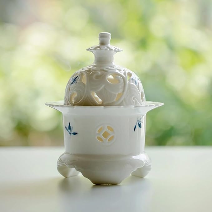 Handcrafted Ceramic Incense Burner (Hand-Painted Orchid), Three-Legged Incense Holder for Coil, Stick or Incense Seal, Elegant Chinese Incense Holder for Home Fragrance Decor