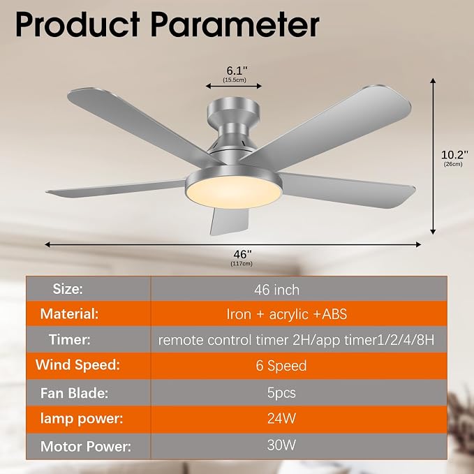 Ceiling Fans with Lights, 46" Low Profile Ceiling Fan with Light, Remote/App Control, Flush Mount Ceiling Fan for Bedroom, Indoor/Outdoor (Silver)