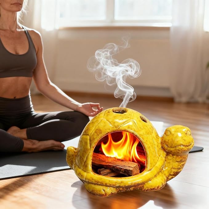 Ceramic Turtle Mini Chiminea- Multifunctional Incense Holder for Sage, Cone Incense, Copal & Small Candle | Aromatherapy Gift for Meditation, Yoga, Zen Spaces | Indoor Use, Hamster Nest Decor (Yellow)