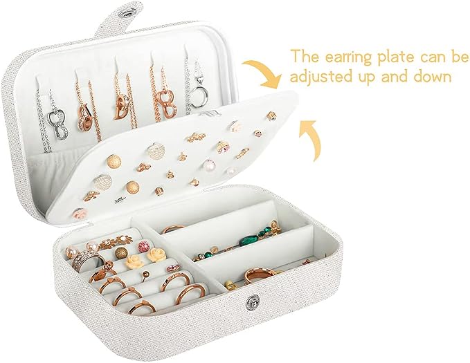 Hatori Travel Jewelry Box, PU Leather Small Jewelry Organizer for Women Girls, Double Layer Portable Mini Travel Case Display Storage Holder Boxes for Stud Earrings, Rings (Glitter White)