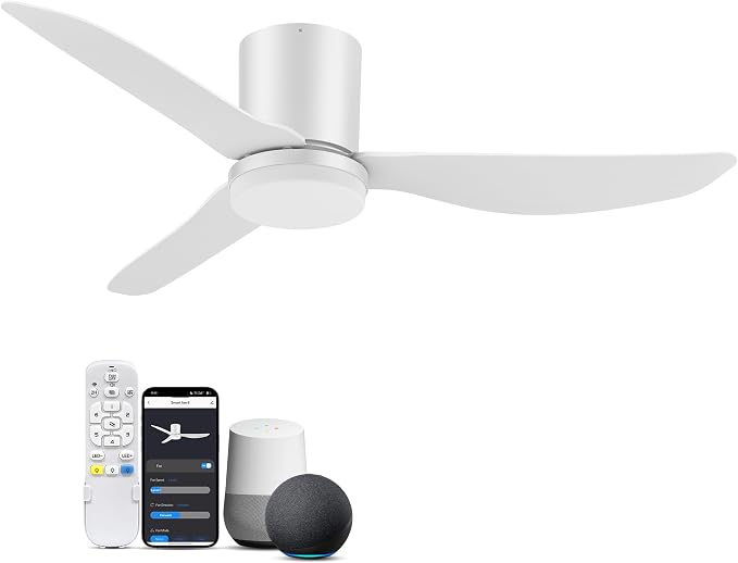 42 Inch Smart Ceiling Fans with Lights Remote,Low Profile Ceiling Fan Control via Voice Alexa App,Modern Flush Mount Fans for Small Bedroom,Patio,Porch,Outdoor Indoor,Matte White,6 Speed,Ultra-quiet