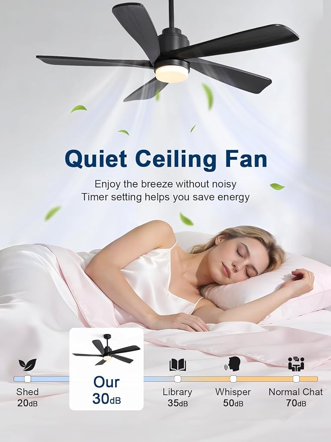 Sofucor Black Ceiling Fan with Lights and Remote, 52 Inch Modern Wood Ceiling Fan for Indoor Farmhouse Bedroom Living Room Outdoor Patio Porch, Reversible DC Motor, 5 Blade