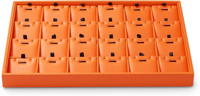 Oirlv Orange Leather Jewelry Pendant Display Tray | Orange Leather Exterior, Soft Microfiber Interior, 24 Pendant Slots, Removable Inserts, Vibrant Display for Pendants