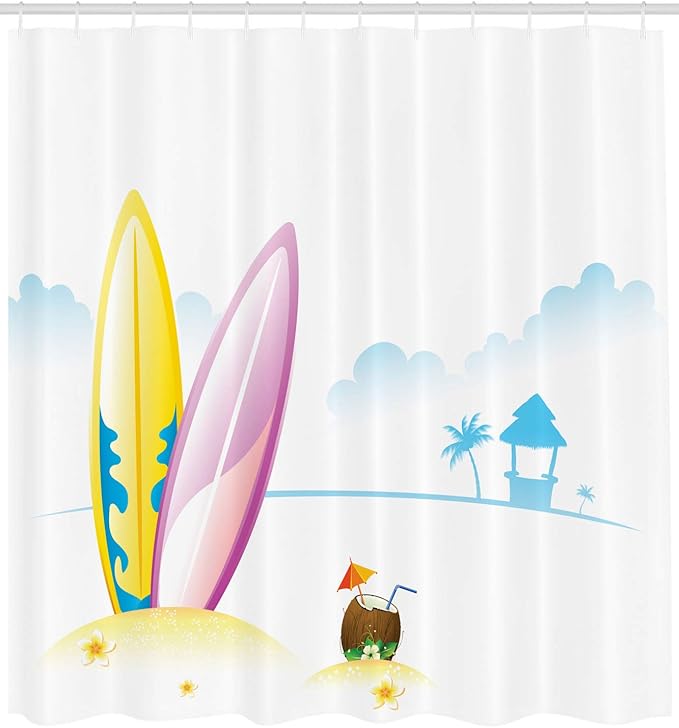 Ambesonne Surfboard Shower Curtain, Illustration of Surfing Board with Tender Coconut on Sea Beach Bungalow Horizon, Cloth Fabric Bathroom Decor Set with Hooks, 69" W x 75" L, Aqua Yellow