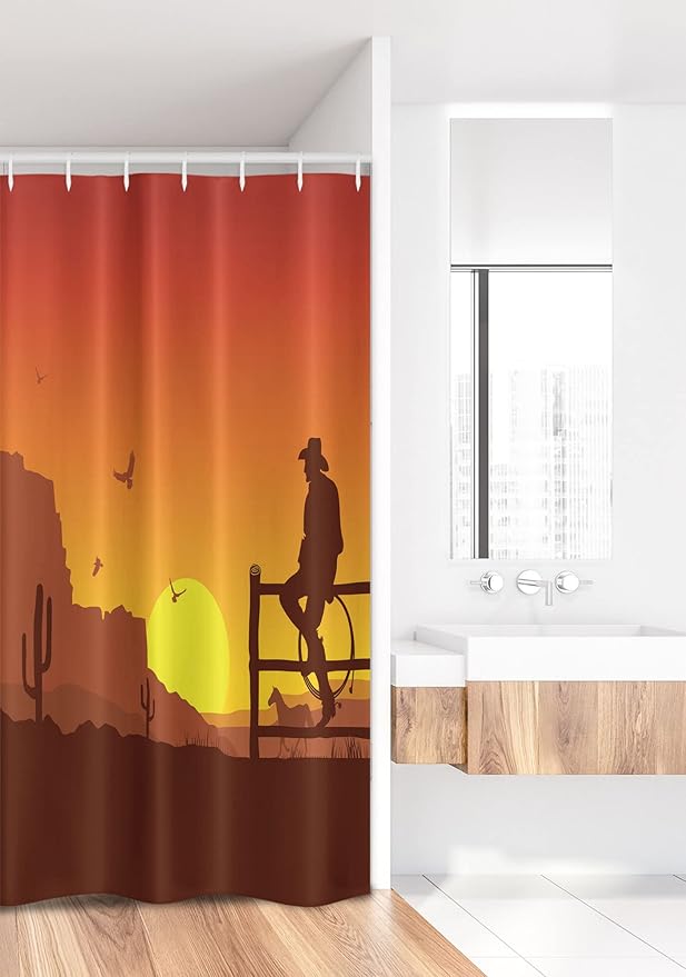 Ambesonne Western Stall Shower Curtain, Silhouette of Cowboy in Wild West Sunset Scene American Culture Image Print, Fabric Bathroom Decor Set with Hooks, 36" W x 72" L, Burnt Orange