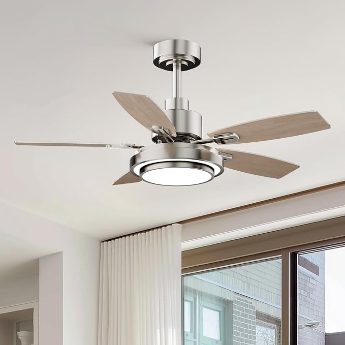 Ceiling Fans with Lights and Remote Control, 42 Inch Flush Mount Ceiling Fan with Quiet Reversible DC Motor, Dimmable LED Lighting, 6 Speeds, Timer, Nickel Ceiling Fan for Bedroom Living Room