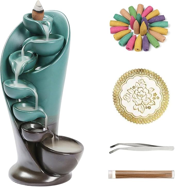 YYW Backflow Incense Burner Holder Handmade Statue Decor Fountain Waterfall Incense Holder with 20 Backflow Incense Cones 30 Incense Sticks 1 Tweezer 1 Mat for Indoor Meditation Yoga (Green)