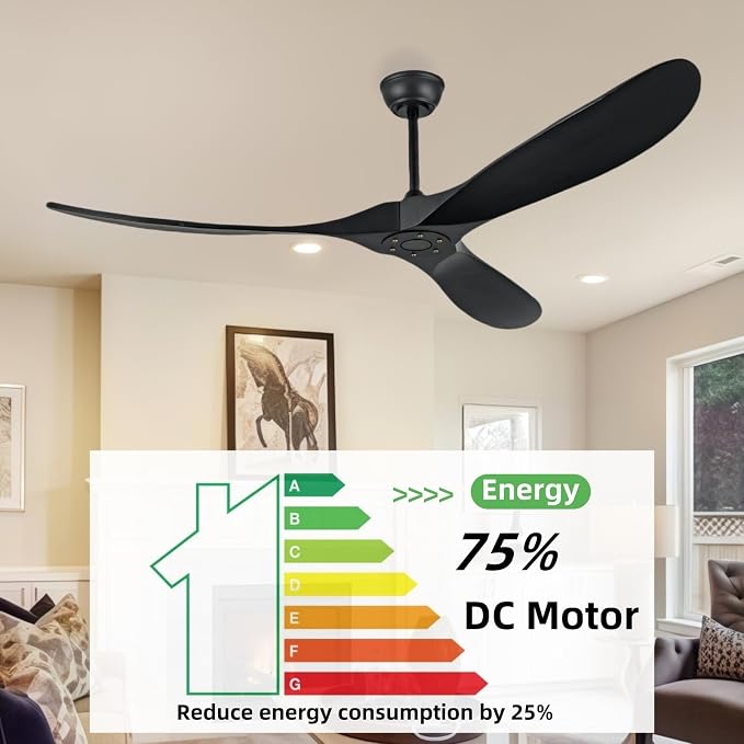 72 Inch Outdoor Ceiling Fan Without Light with Remote Control, Large Ceiling Fan Without Light, 3 Solid Wood Leaf Ceiling Fans, Suitable for Terrace, Living Room, Farmhouse(Black, 72 inch)