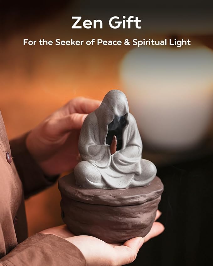 Ceramic Incense Burner for Cone & Coil – Faceless Buddha Statue for Protection & Zen Meditation, Home Decor to Ward Off Negativity, Grey