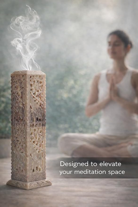 Handmade Stone Incense Stick Holder | Unique King Size Long Tower Burner | Camphore - Tealight - Dhoop Batti - Candles Holder for Yoga, Meditation and Home Decor. (Elephant)