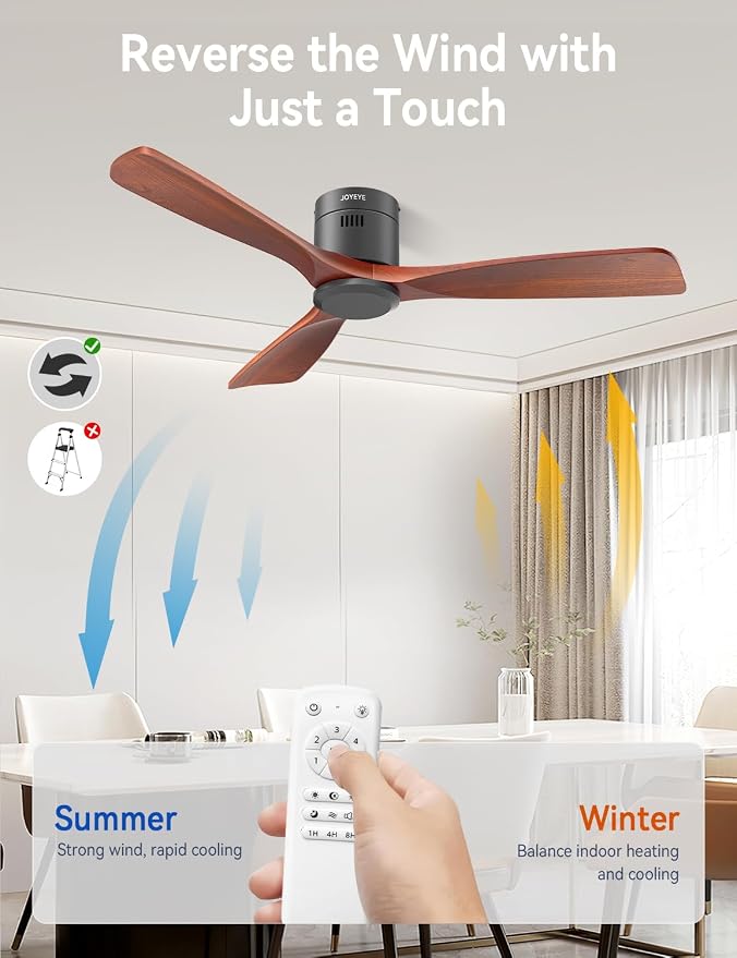 52 Inch Ceiling Fans with Remote no Light, Solid Wood 3 Blade Modern Ceiling Fan, Quiet DC Motor, 6 Speeds, Dimmable LED, Timer, Indoor & Covered Outdoor Living Room, Bedroom, Patio (Darkwood)