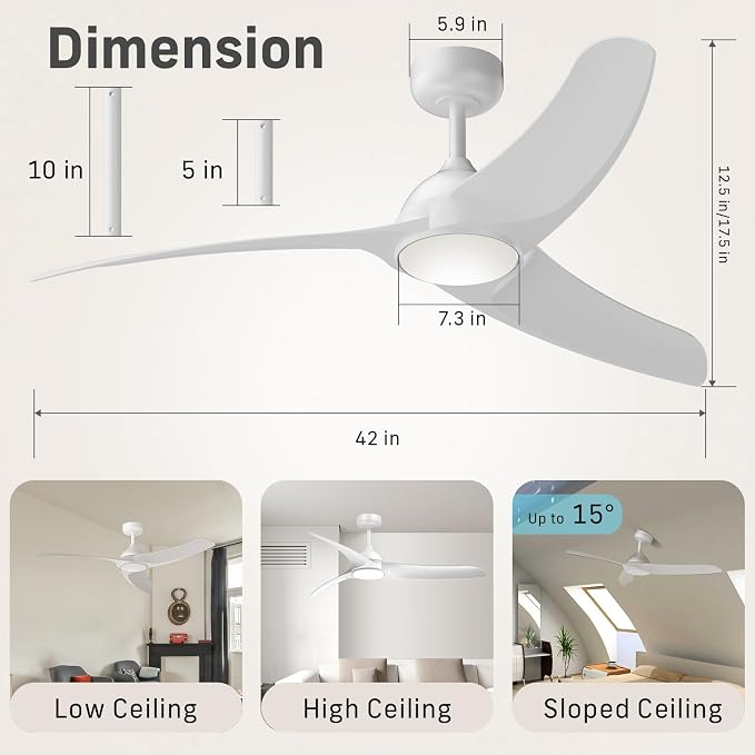 Ceiling Fans with Lights, 42 inch Low Profile Ceiling Fan with Light and Remote Control, Flush Mount, 3CCT, Dimmable, Quiet Reversible Motor, White Ceiling Fan for Bedroom Indoor/Outdoor Use