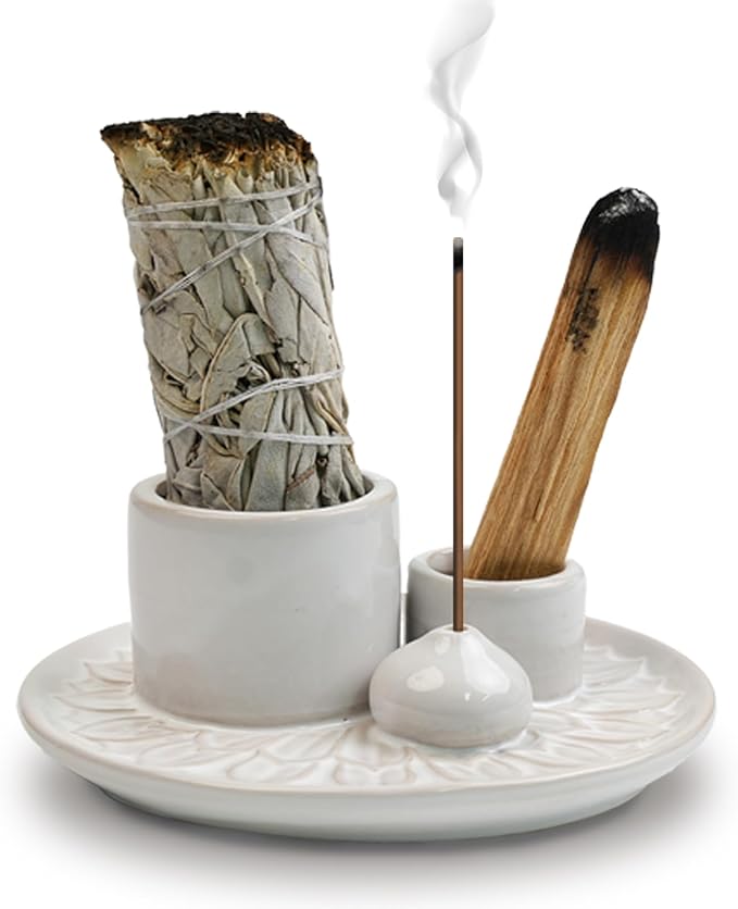4 in 1 Incense Burner Holder,Sage Holder for Burning,Palo Santo Holder,Candle Holder,Ceramic Incense Burner Ash Catcher Tray for Meditation Yoga Room
