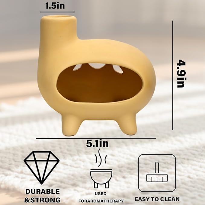 MOUGIGI Elegant Handcrafted Ceramic Palo Santo Burner-Yellow Terracotta Footed Incense Holder for Meditation,Compatible with Wood Sticks,Sage,Ash&Cones-Mini Aromatic Home Altar with Chimney Design