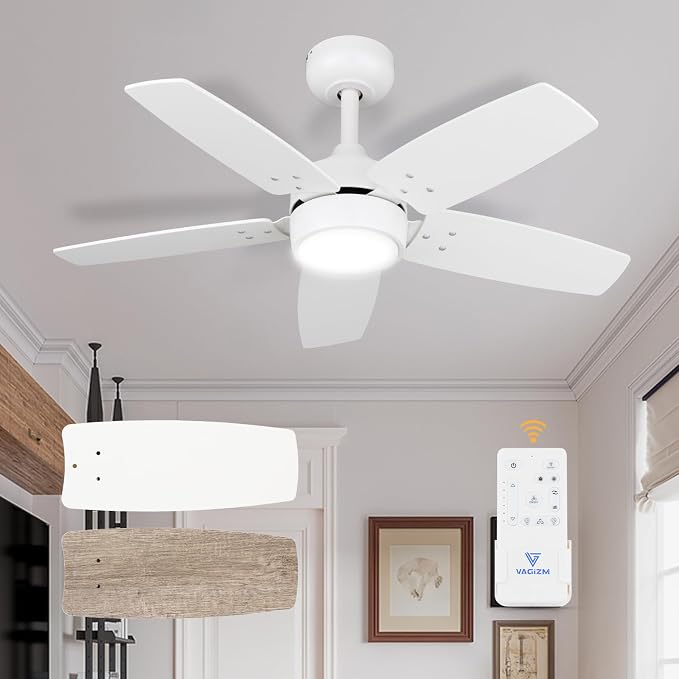 Ceiling Fan 36'' for Small Room: Matte White Modern Fans with Light Remote Control - Reversible Quiet DC Motor Dimmable with 6 Speeds for Dorm Room Bedroom Indoor Outdoor Use