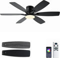 52inch Black Ceiling Fans with Lights and Remote/App Control, Low Profile Ceiling Fan with Light and 6 Double-Side blades, Flush Mount, LED/RGB Dimmable DC Reversible Modern Ceiling Fan for Bedroom