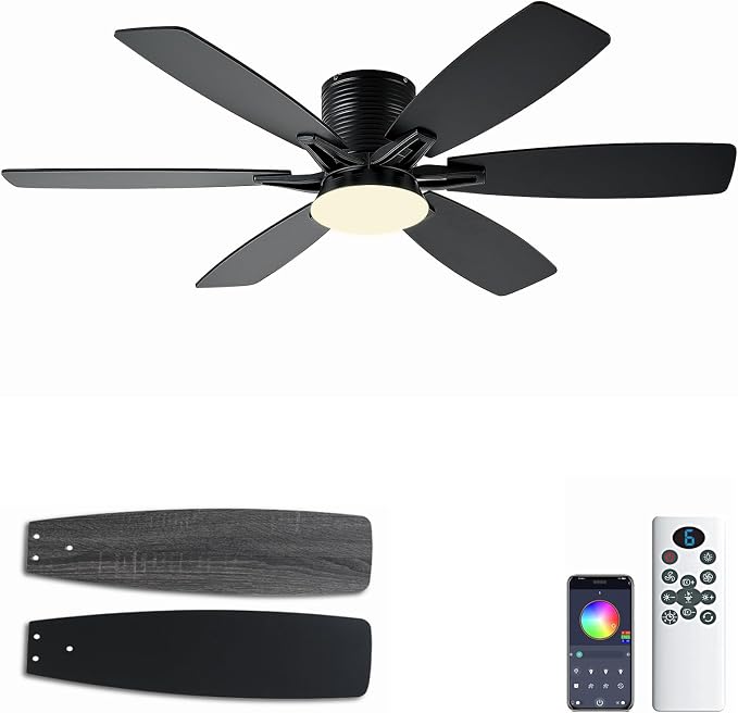 52inch Black Ceiling Fans with Lights and Remote/App Control, Low Profile Ceiling Fan with Light and 6 Double-Side blades, Flush Mount, LED/RGB Dimmable DC Reversible Modern Ceiling Fan for Bedroom