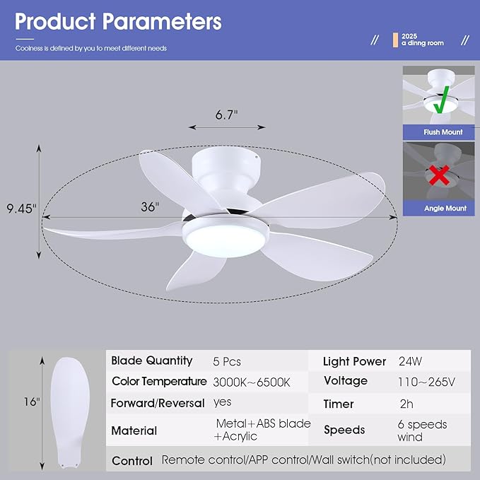 Kviflon 36 Inch Modern Ceiling Fans with Lights, Small Flush Mount Ceiling Fans, Remote/APP Control, 5 Reversible Curved Blades, 6 Speeds, 3 CCT Dimmable Lights for Kitchen Bedroom, White